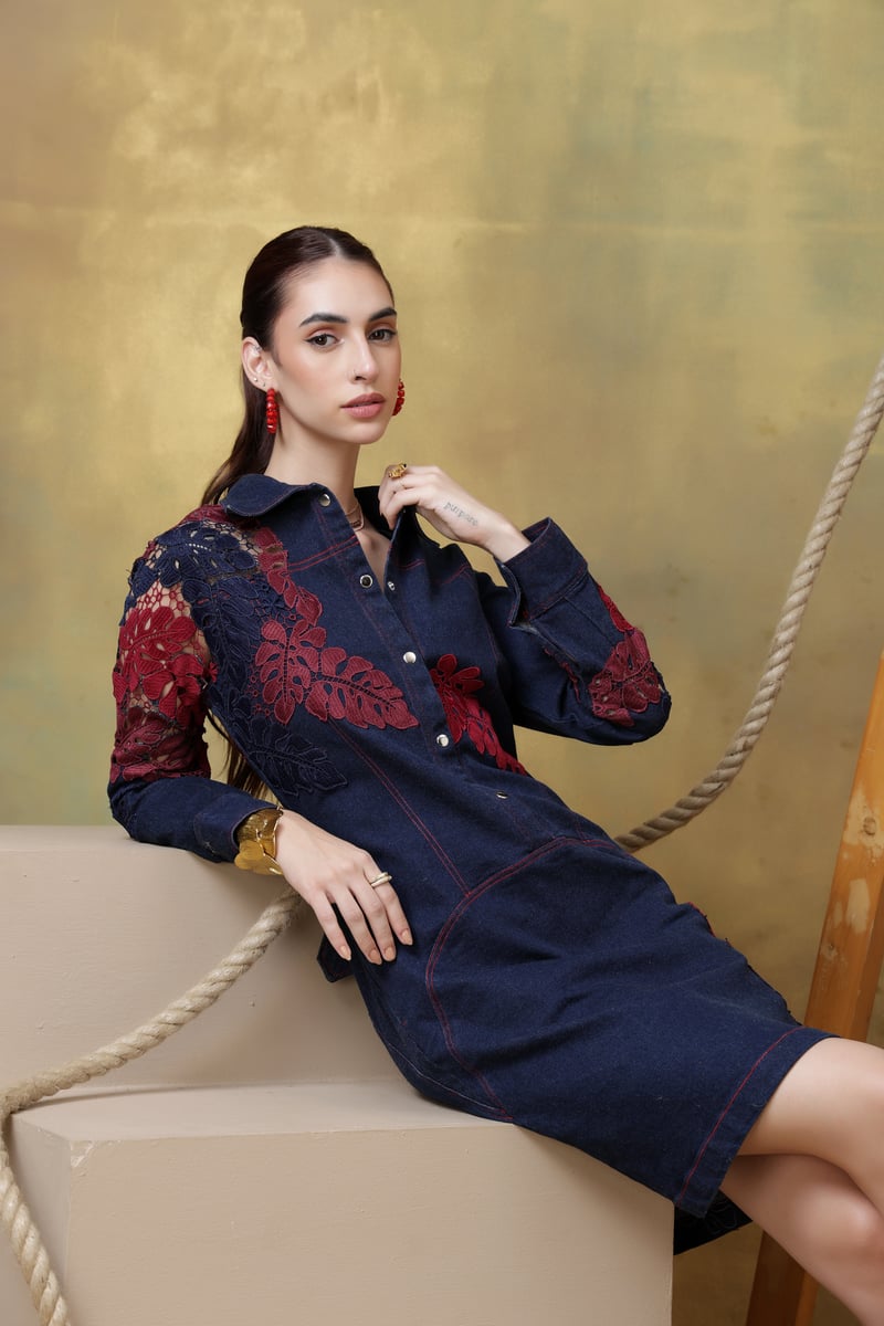 Dark Denim Belted Shirt Dress with Lace Panels