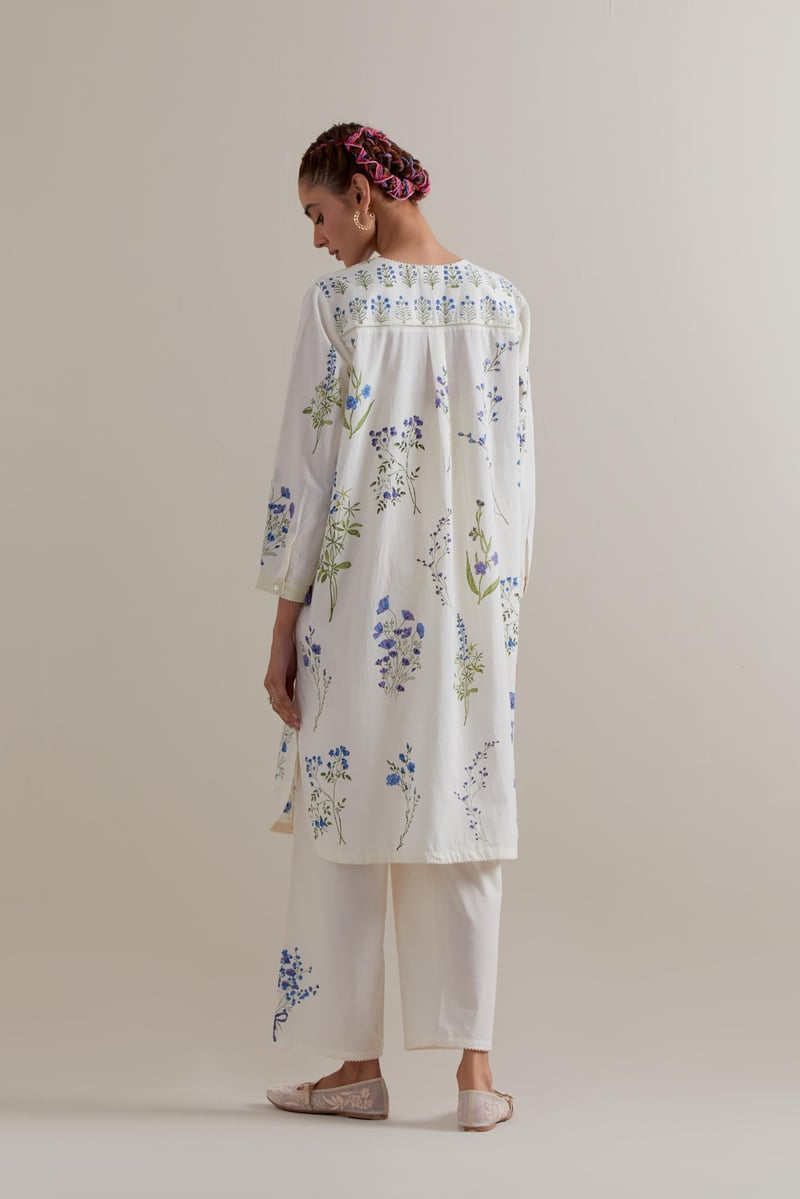 Off-White Floral Block Print Straight Kurta Set