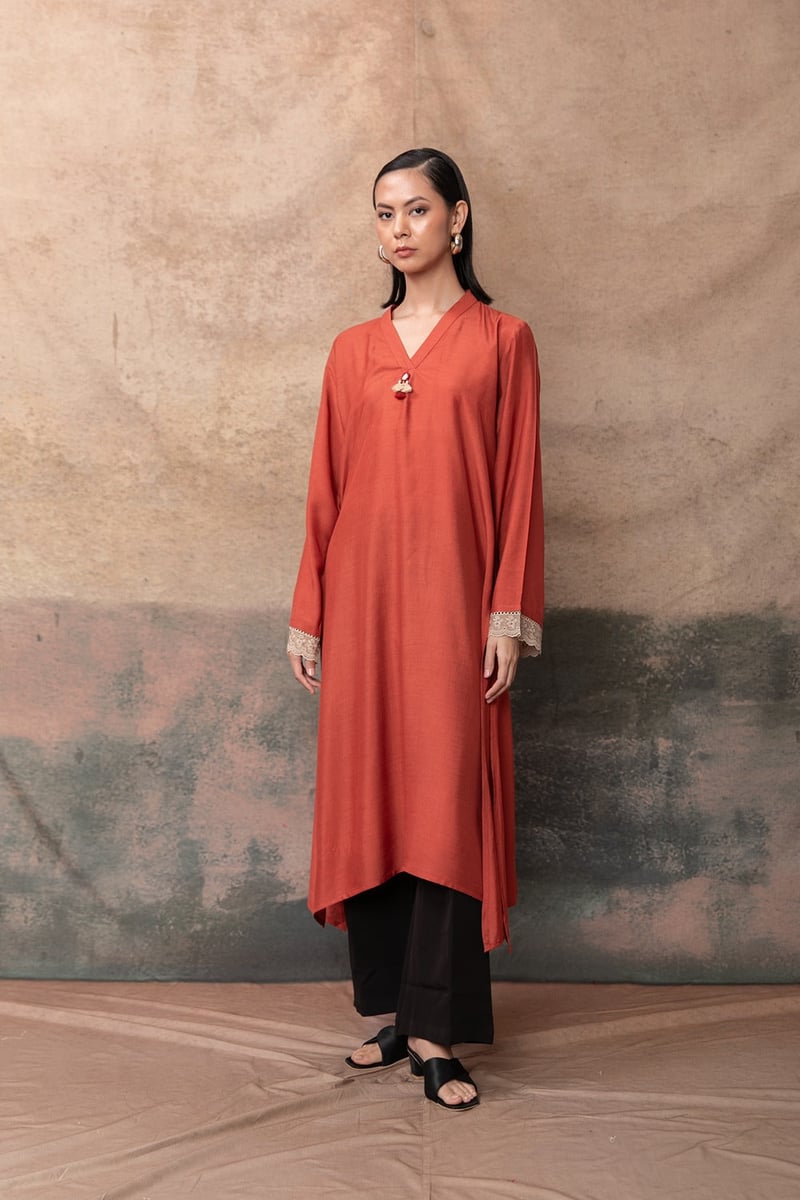 Rust Asymmetric Long Muslin Kurta with Lace Cuffs
