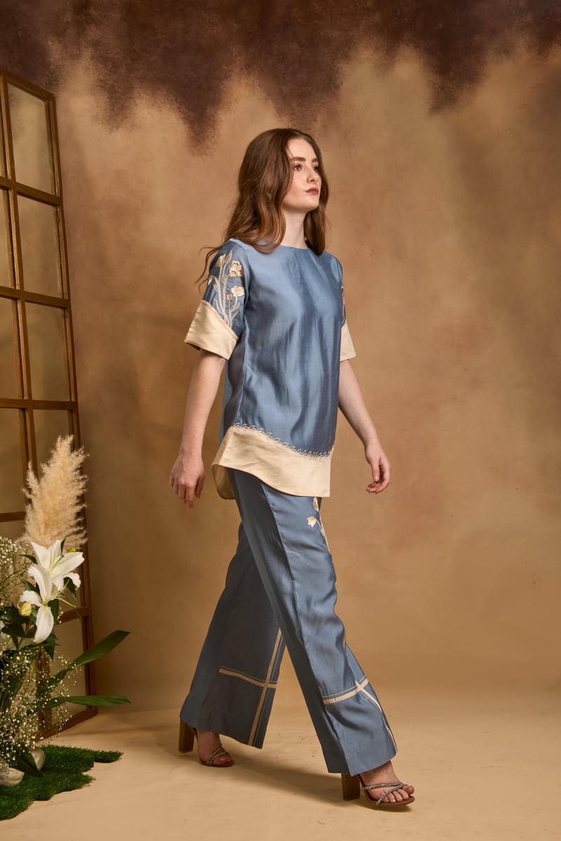 Blue and Cream Colorblocked Embroidered Co-ord Set