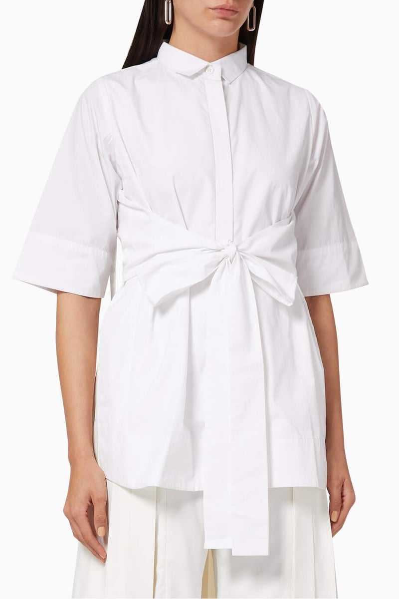 White Tie-Up Belted Cape-Back Shirt