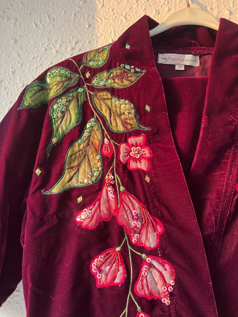 Maroon Velvet Floral Applique Wrap Kimono Top