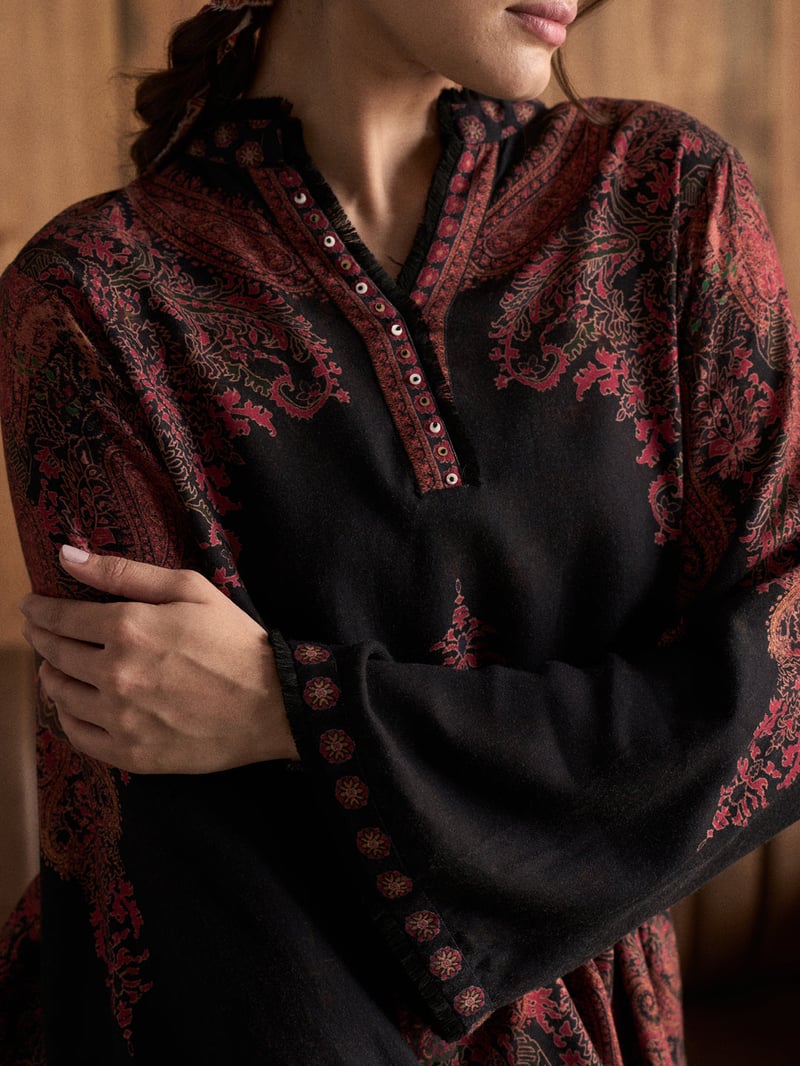 Black Printed Band Collar Bell Sleeve Top