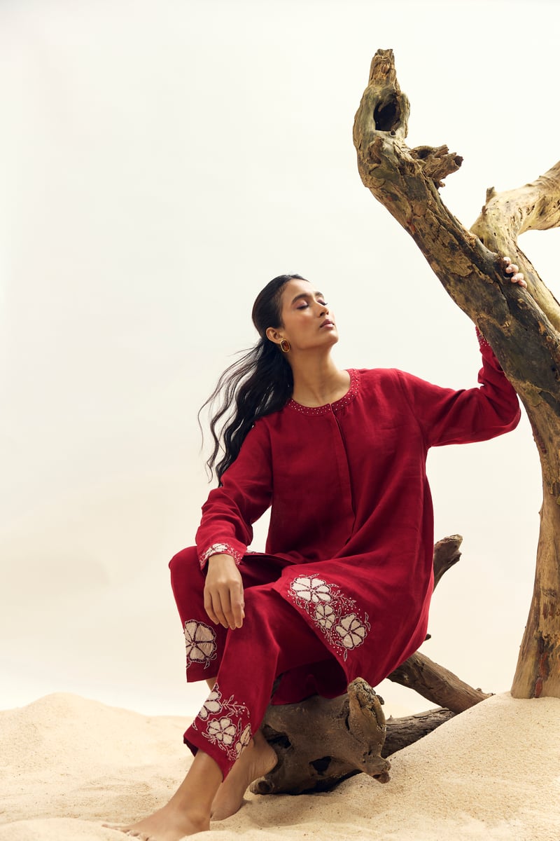 Crimson Linen Tunic and Tapered Pants Co-ord Set