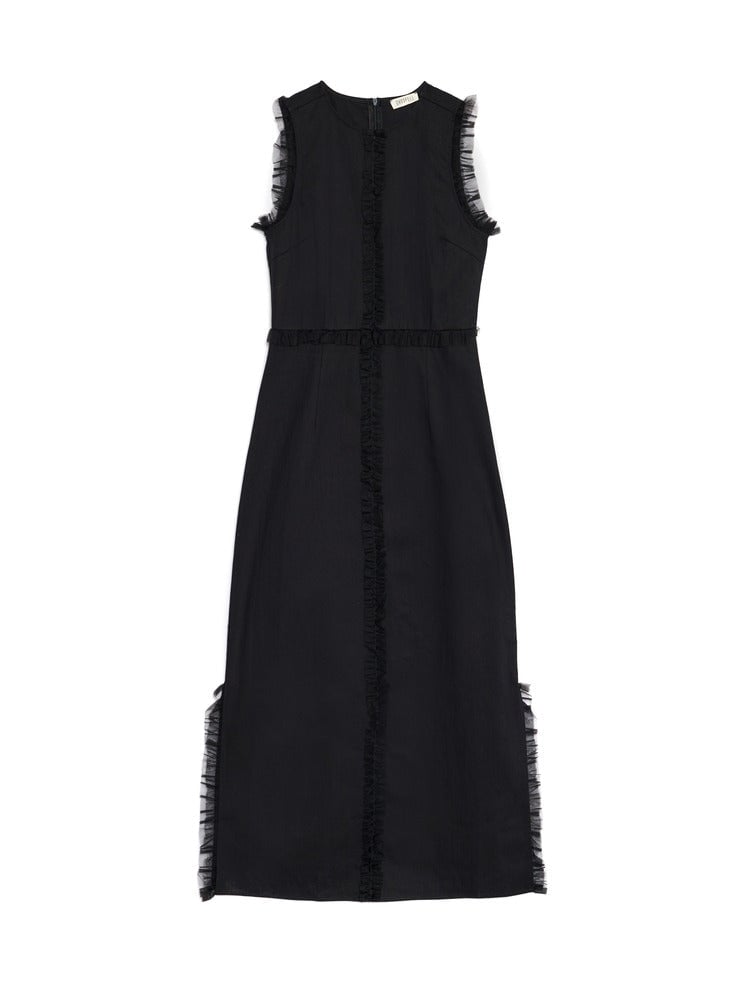 Black Sleeveless Straight Midi Dress with Ruffle Trim