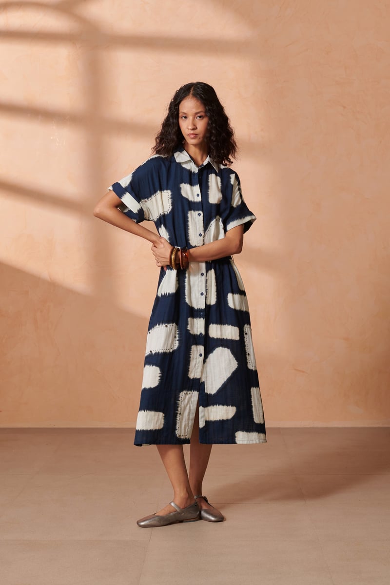 Blue Abstract Print Midi Shirt Dress with Tie Belt