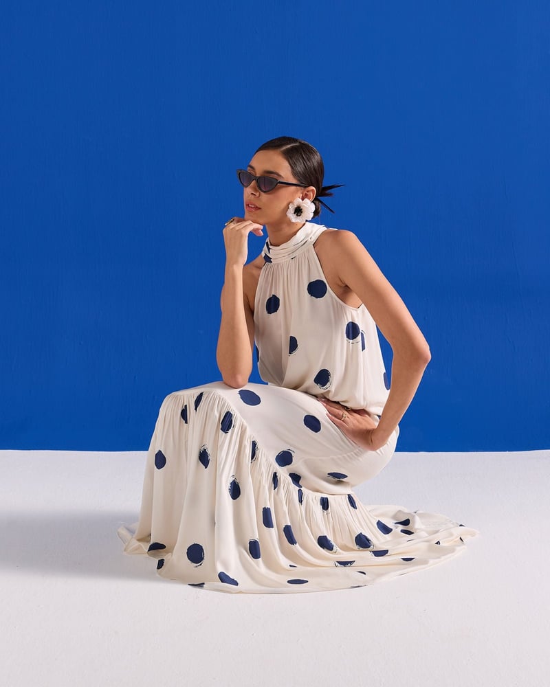 Blue/White Polka Dot Halter Neck Tiered Maxi Dress