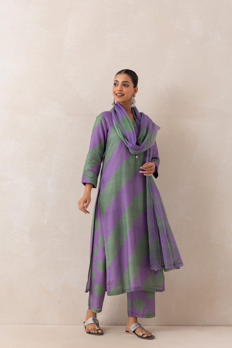 Purple and Green Printed Straight Kurta Set with Dupatta
