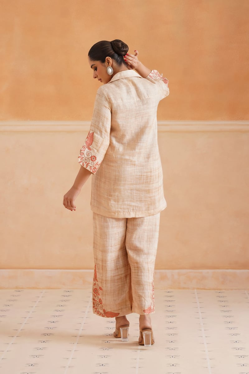Beige Linen Embroidered Kurta and Pant Co-ord Set