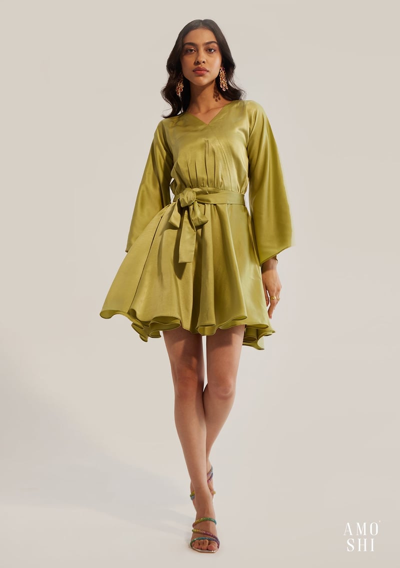 Pear Green Satin Fit and Flare Mini Dress with Belt