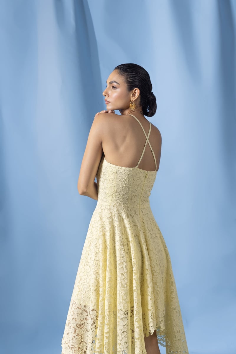 Butter Yellow Lace Halter Midi Dress with Asymmetrical Hem