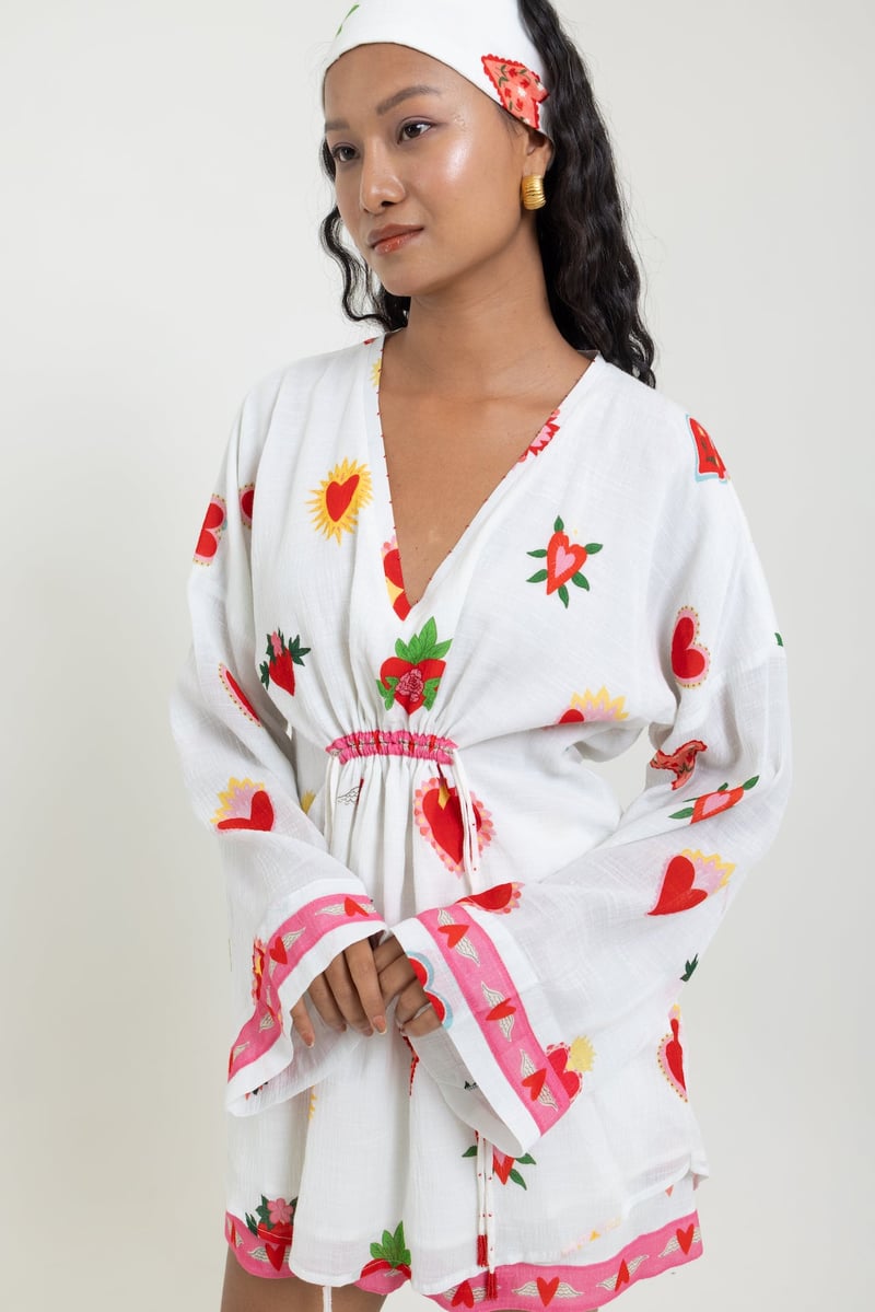 White Heart Print V-Neck Drawstring Waist Top