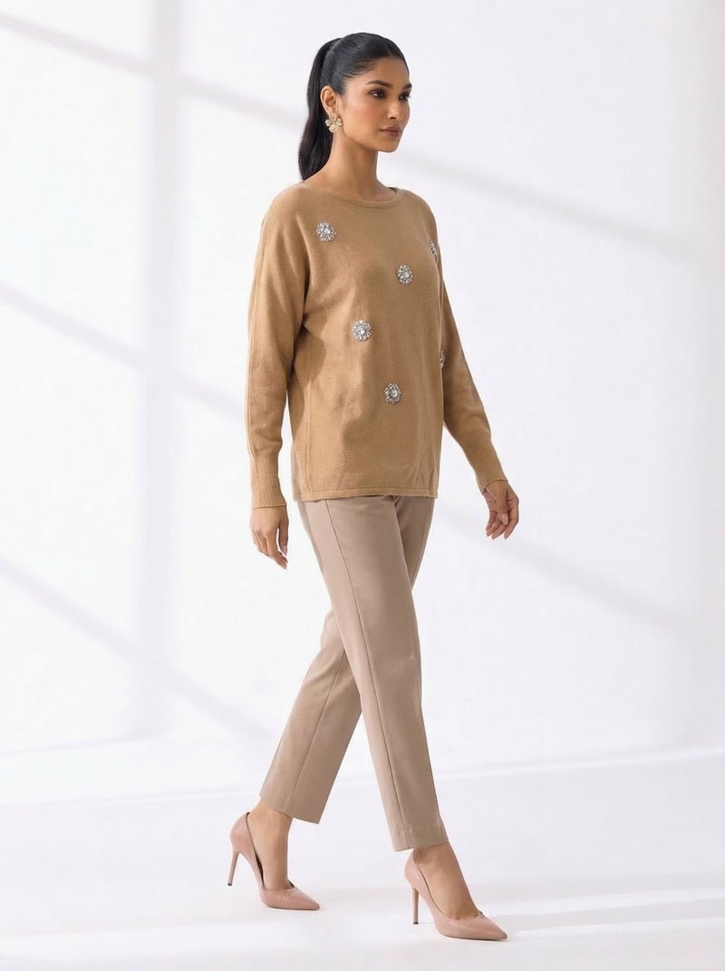 Camel Embellished Round-Neck Relaxed Fit Sweater