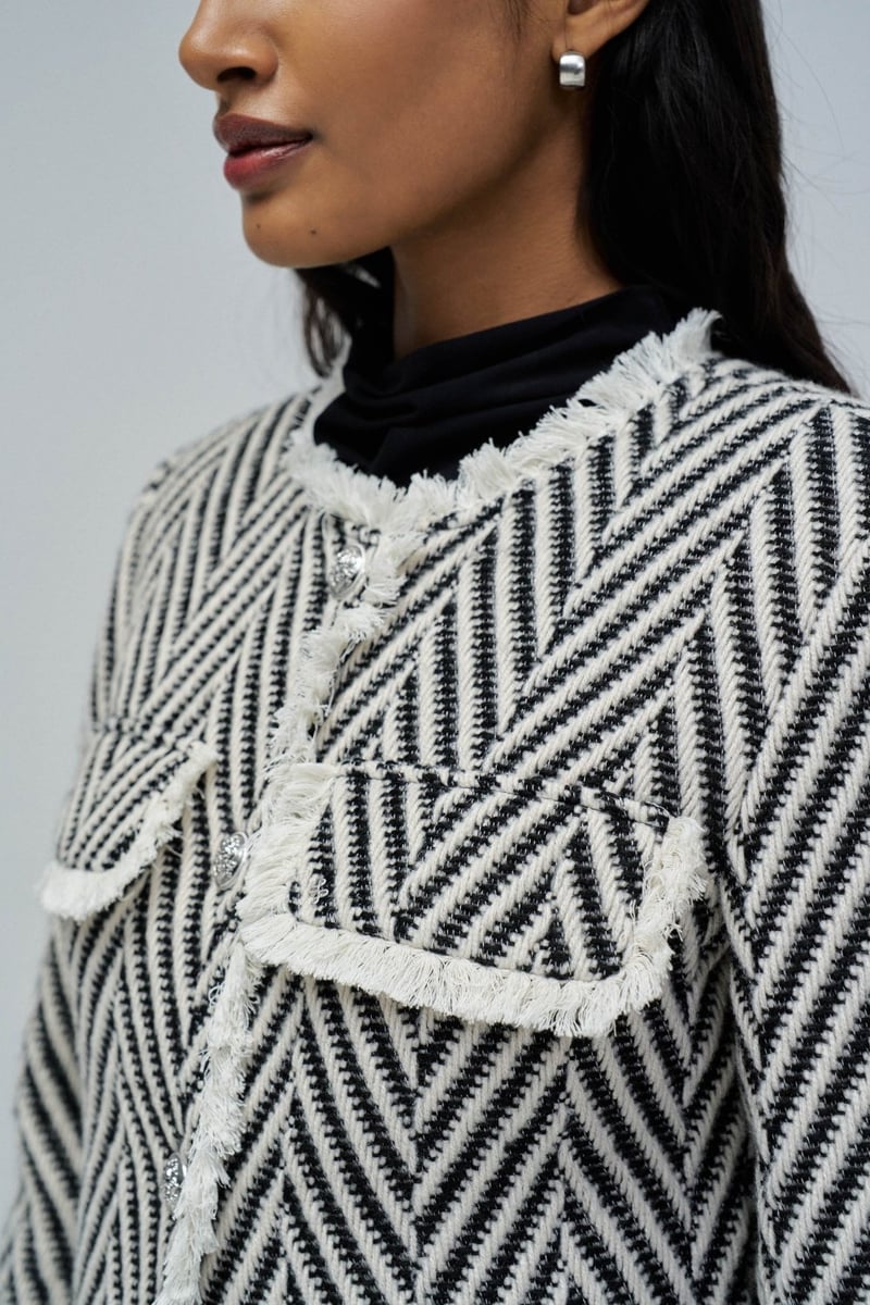 Black and Off-White Chevron Fringe-Trim Cropped Jacket