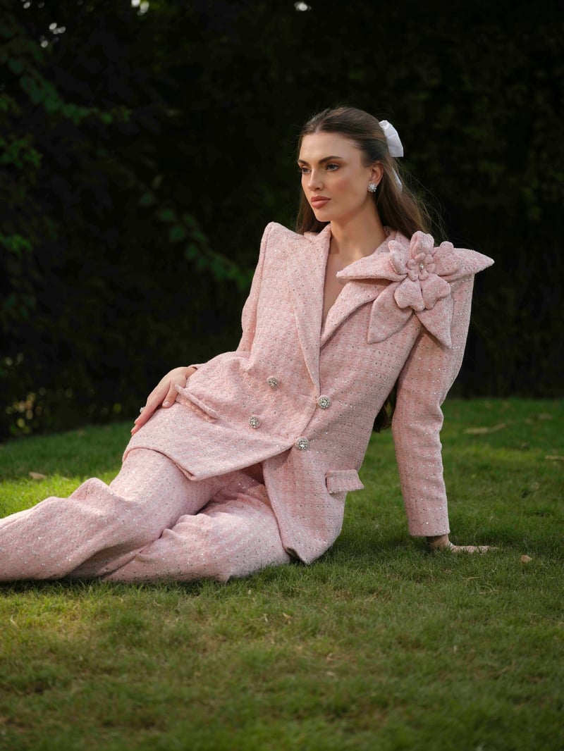 Pink Tweed Double-Breasted Blazer with 3D Shoulder Flower
