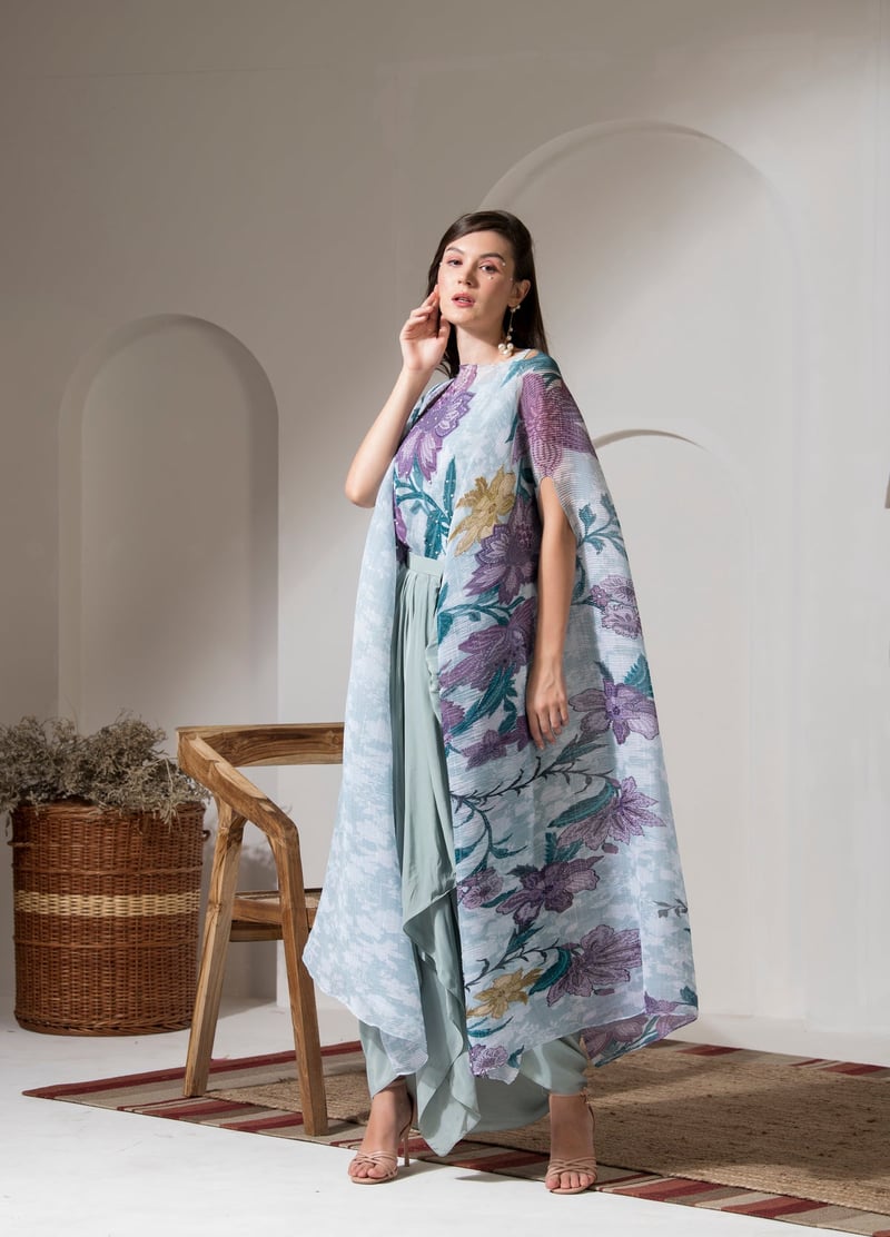 Blue Floral Kaftan and Dhoti Co-ord Set