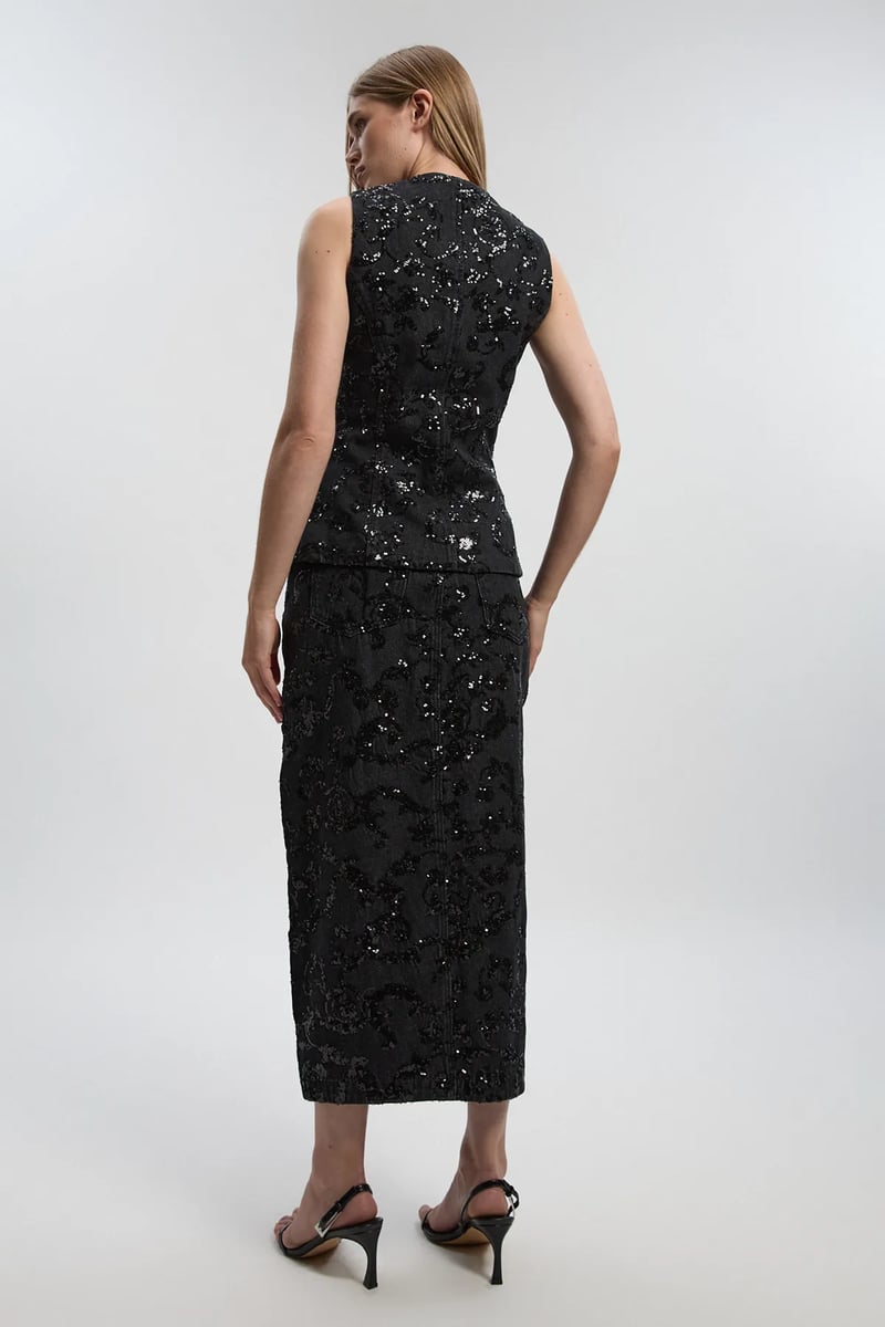 Black Sequin Floral Midi Pencil Skirt with Front Slit