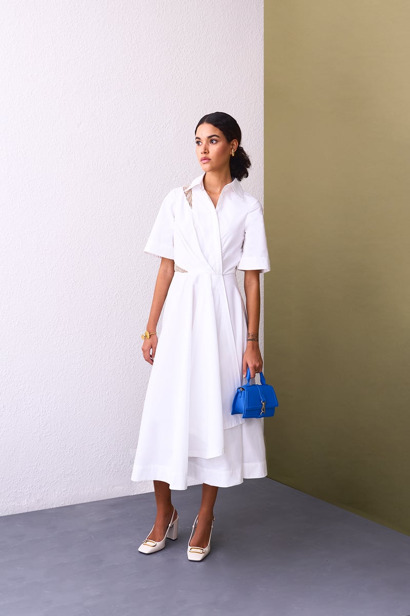 White Asymmetrical Shirt Dress with Pearl Cut-Outs