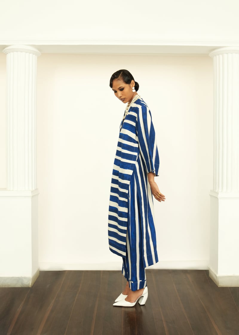 Blue and White Striped Twill Linen Anti-Fit Kurta