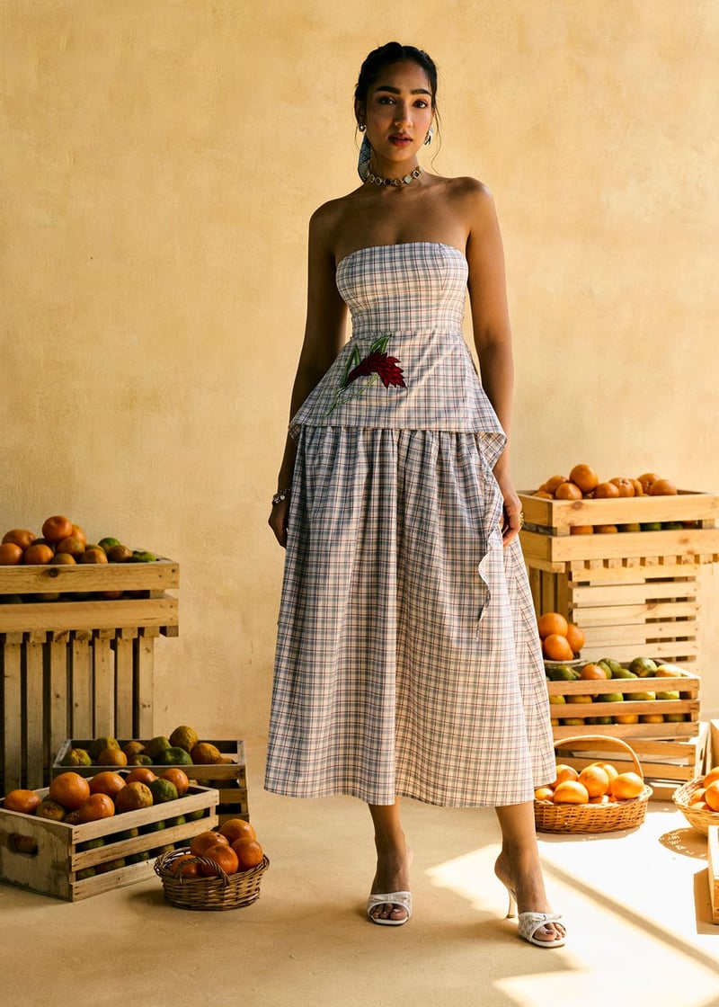 Maple Ruffled and Check Embroidered Top
