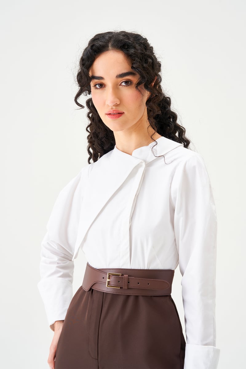 White and Brown Colorblocked Belted Wide-Leg Jumpsuit