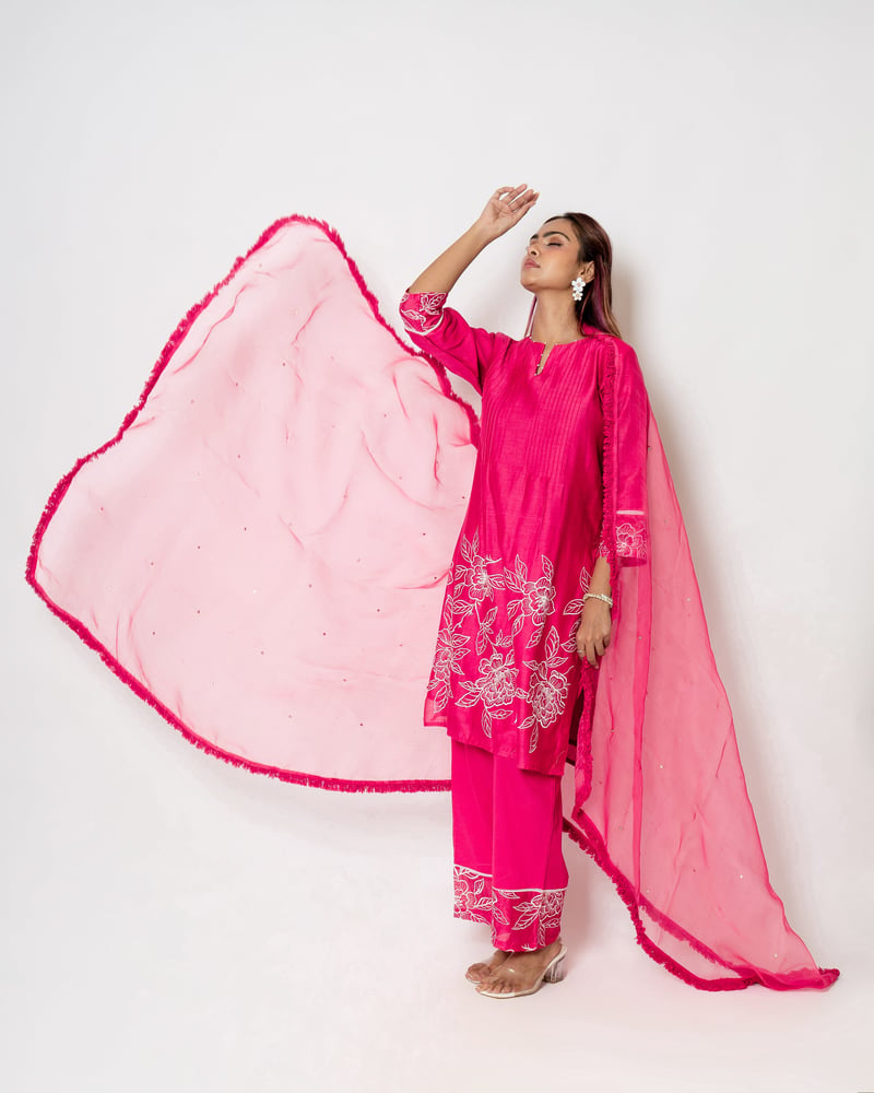 Fuchsia Charm Floral Embroidered Chanderi Suit Set — Kameez