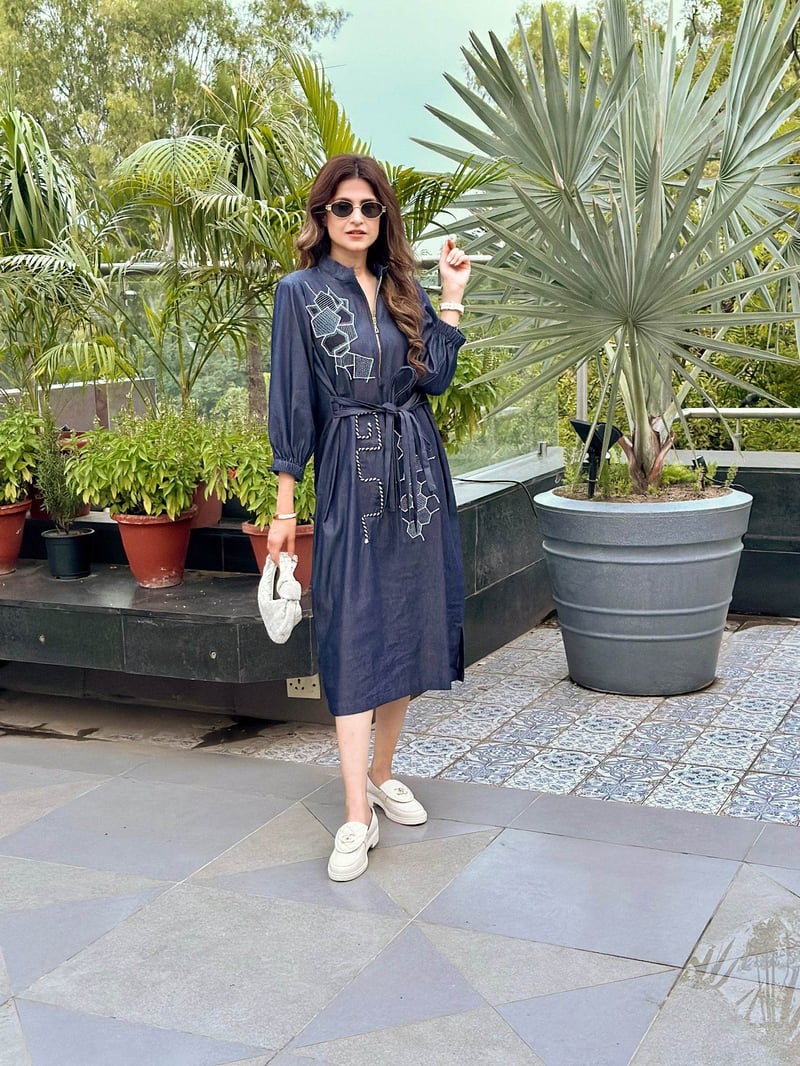 Midnight Geometry Embroidered Cotton Dress