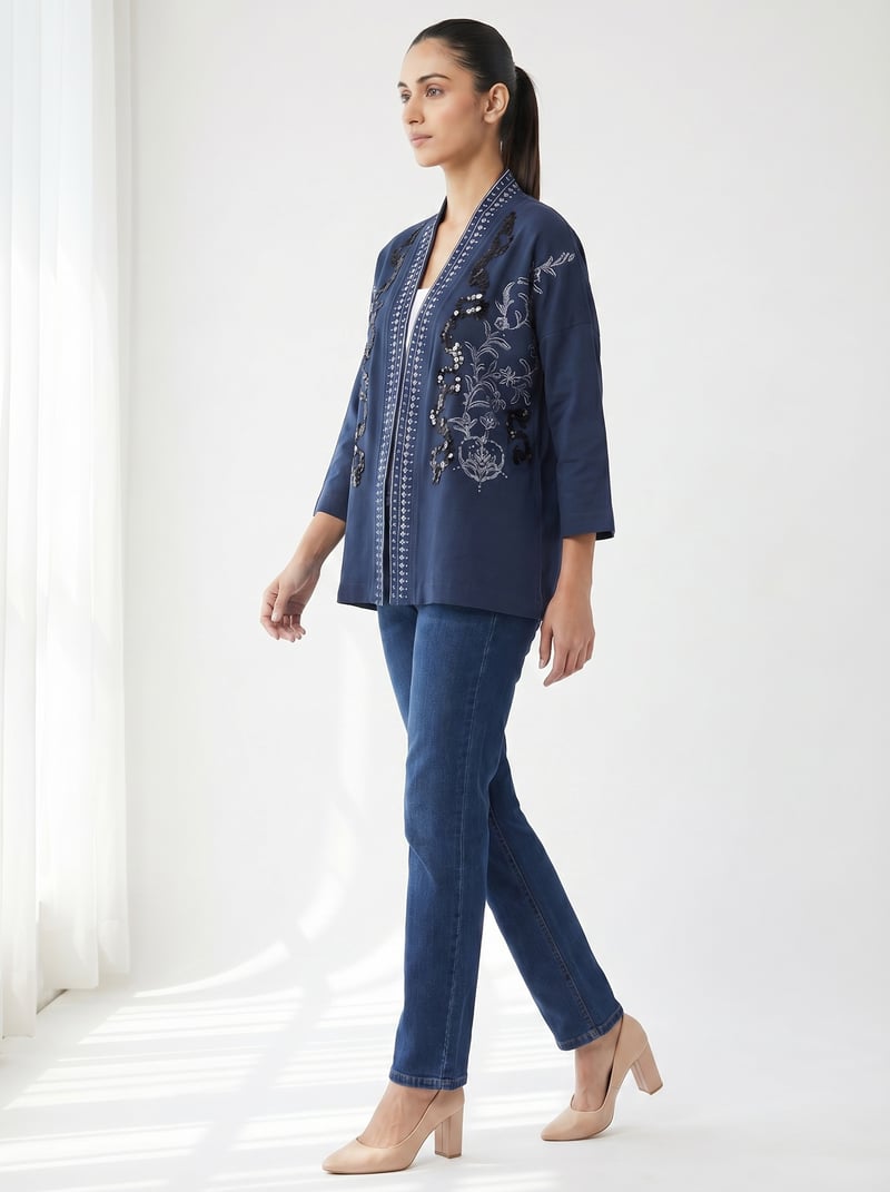 Navy Denim Open-Front Embroidered Shrug