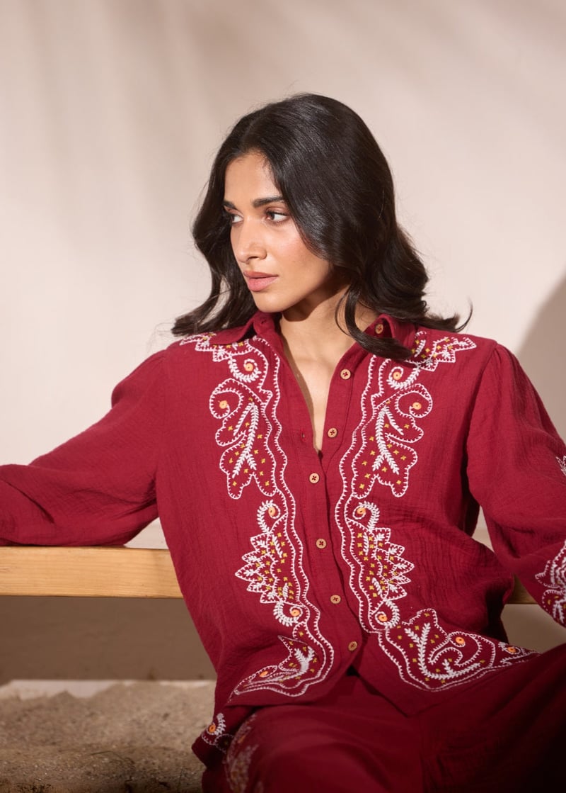 Maroon Embroidered Cotton Button-Down Shirt