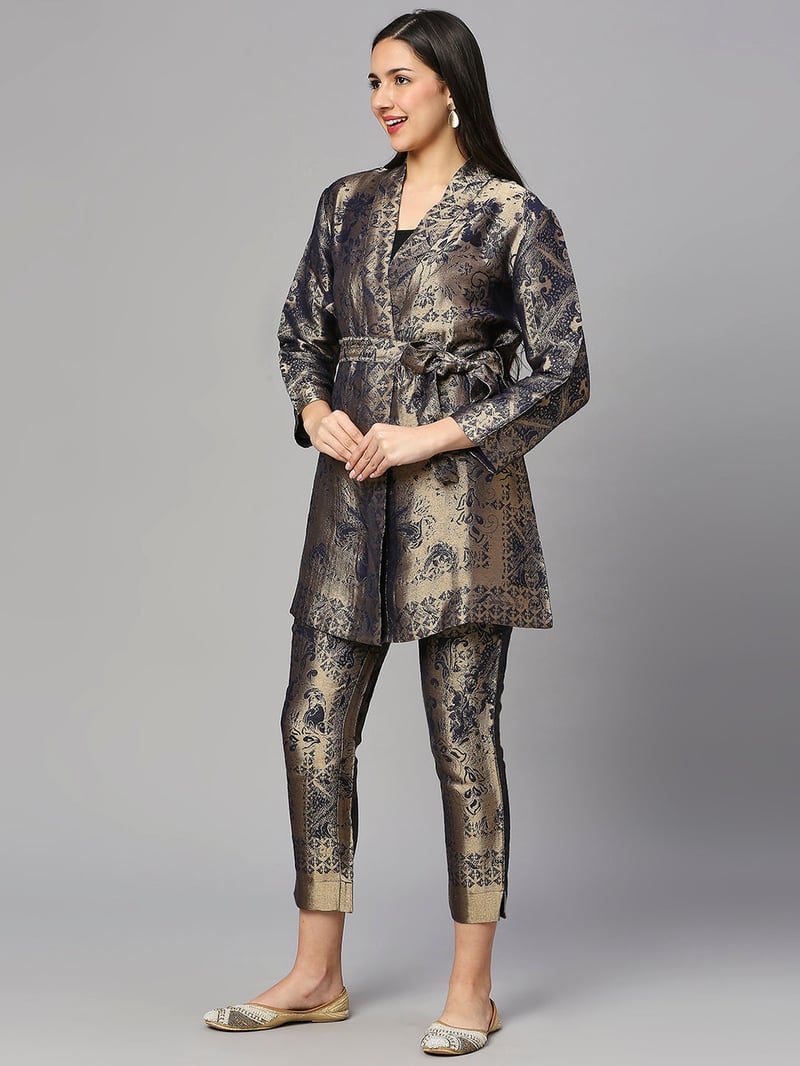 Navy/Gold Metallic Jacquard Cigarette Trousers