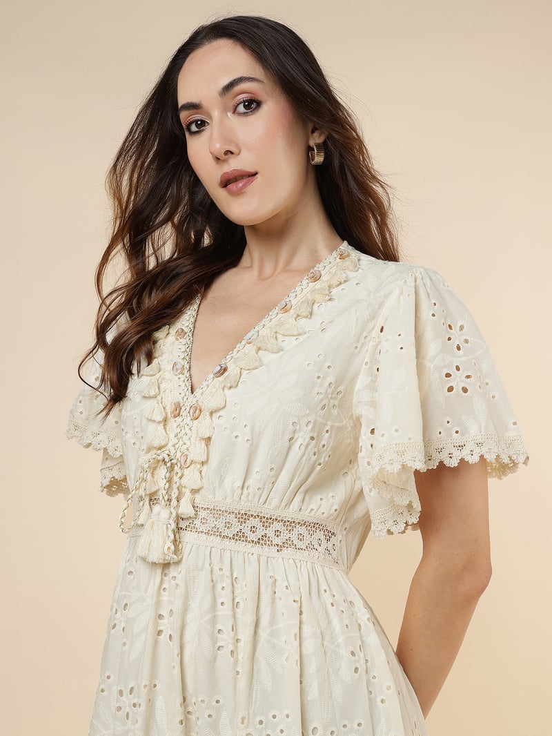 Natural Beige Cutwork Tiered Maxi Dress