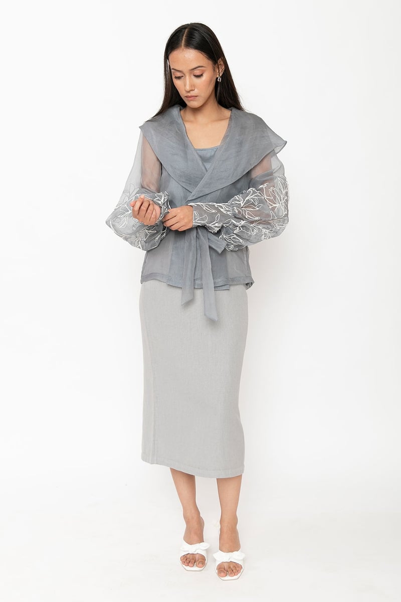 Grey Silk Organza Wrap Top with Embroidered Sleeves — Contemponari