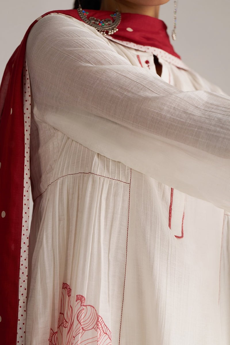 Ivory and Maroon Chanderi Floral Print A-Line Kurta Set