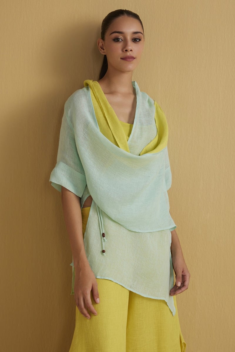 Aqua Gauze Linen Cape with Yellow Contrast Panel