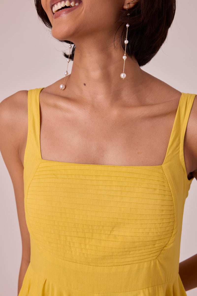 Yellow Fit and Flare Square Neck Midi Dress