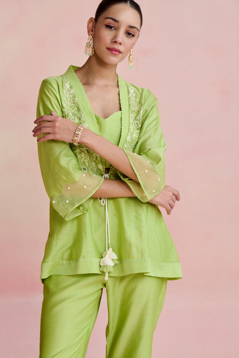 Bright Green Chanderi Embroidered Kurta Set (3-Piece)