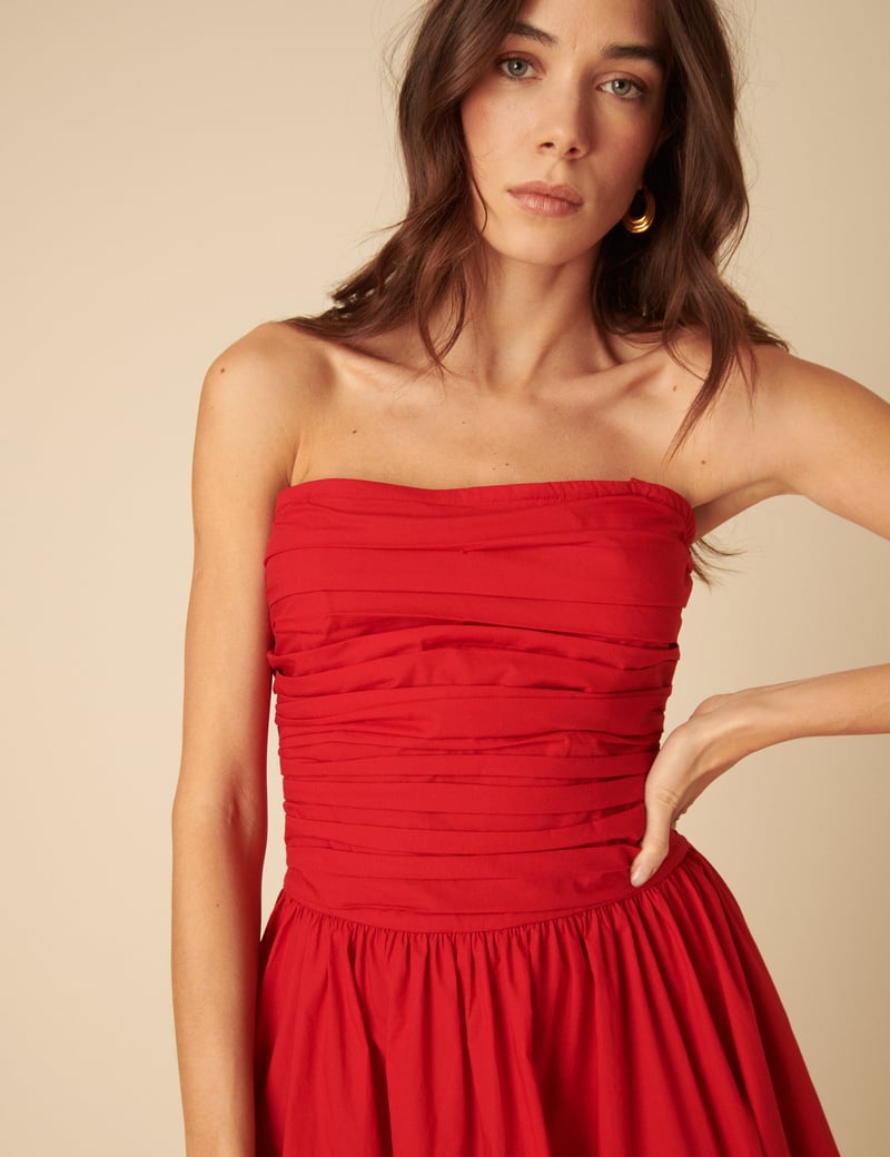 Red Bandeau Fit and Flare Midi Dress with Pockets