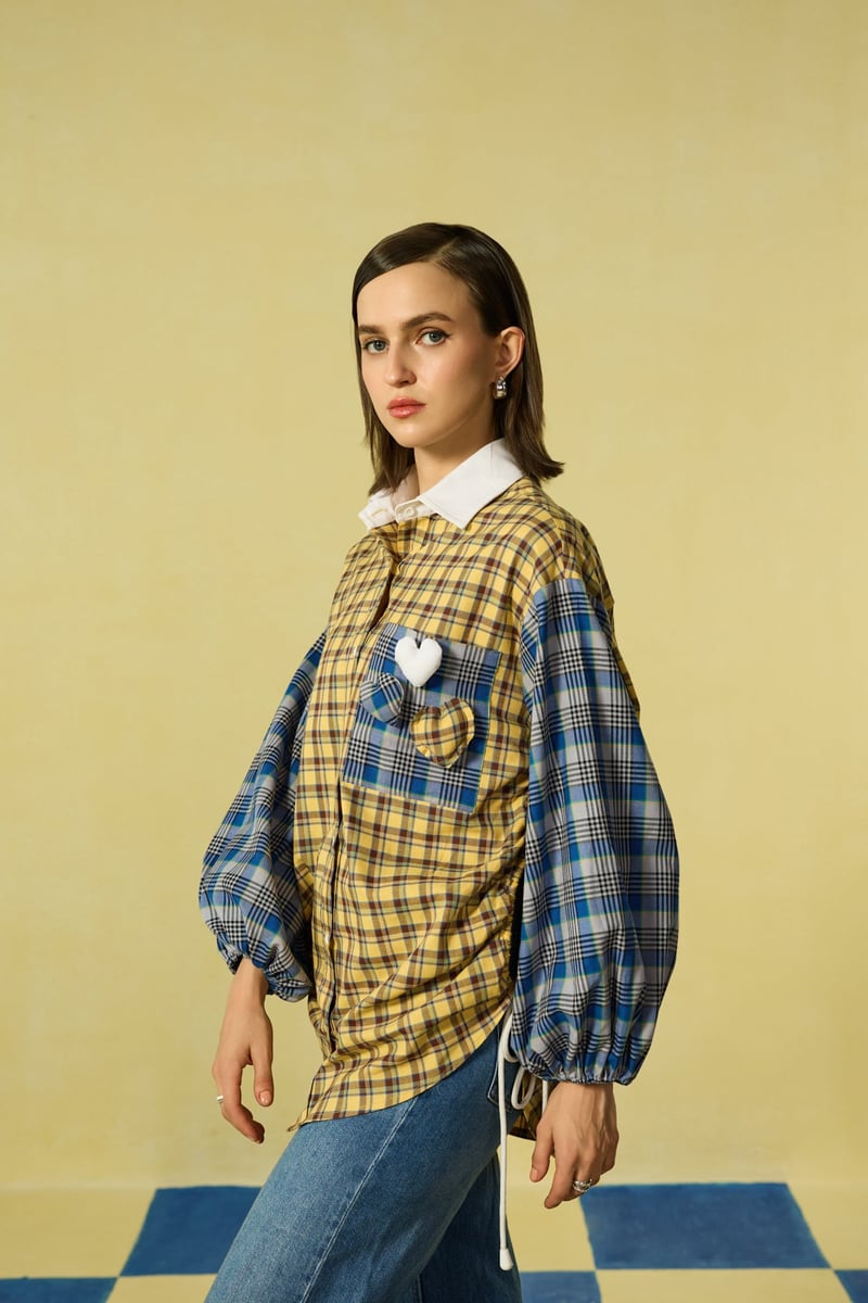 Yellow and Blue Mixed-Check Oversized Shirt
