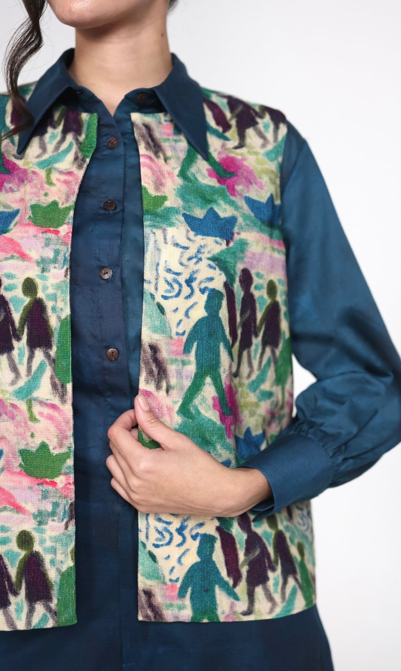 Multicolor Printed Sleeveless Corduroy Vest Overlay