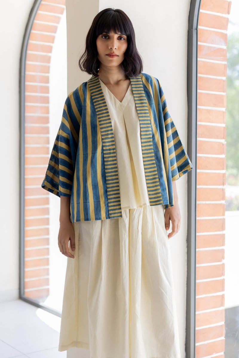 Mustard and Blue Striped Cotton Cape Shrug