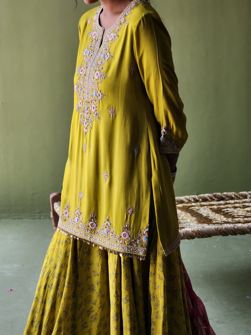 Mehendi Green Embroidered Short Kurta Sharara Set
