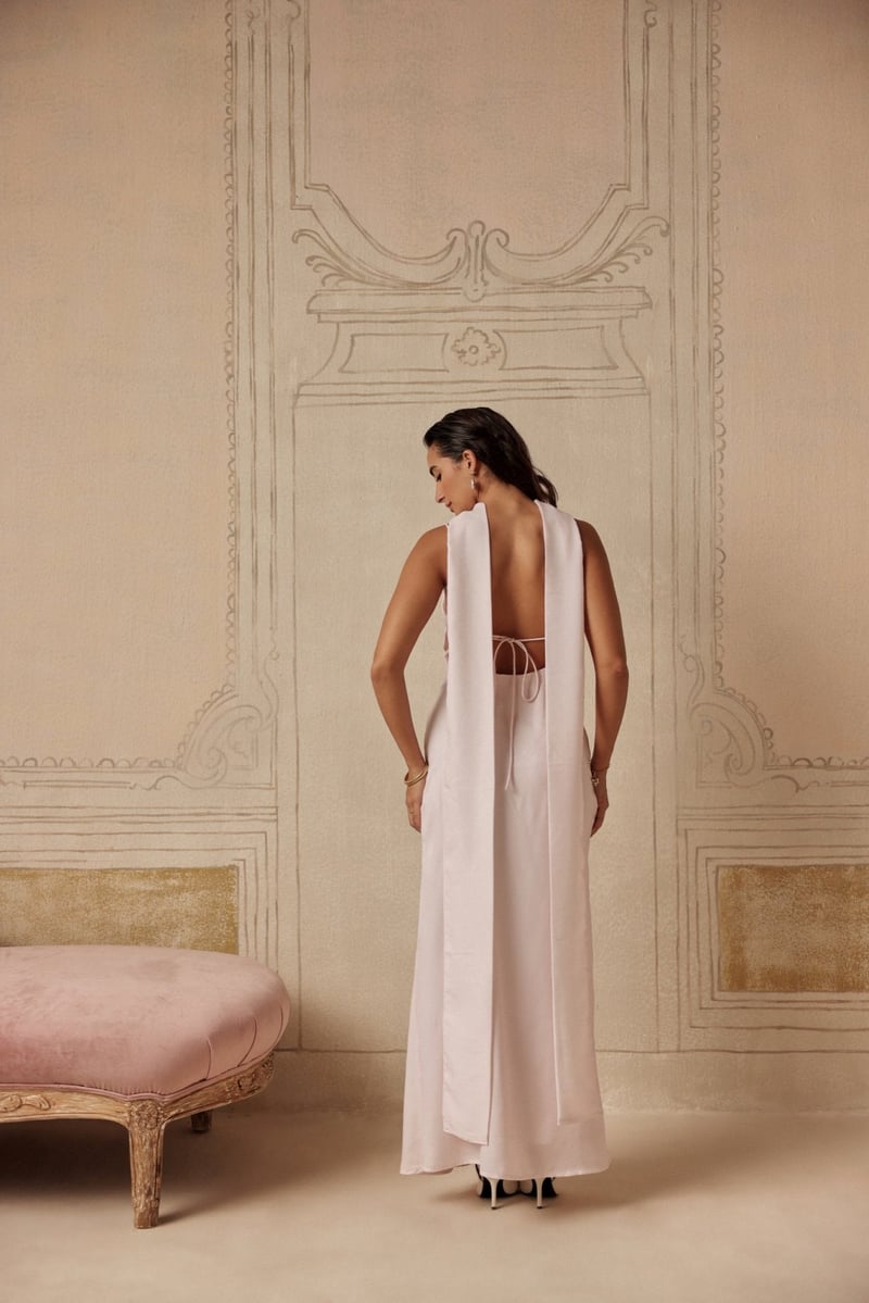 Pink Satin Maxi Slip Dress with Scarf Neck Detail
