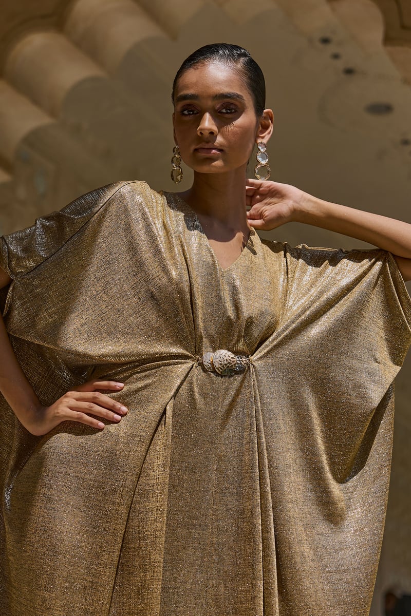 Gold Metallic Draped Maxi Kaftan with V-Neck
