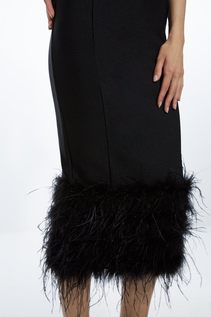 Black Bandage Knit Bodycon Midi Dress With Feather Hem
