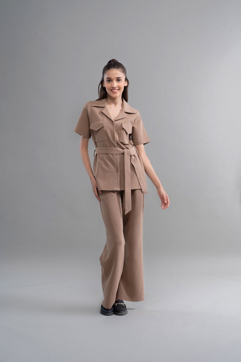 Brown Mini Waffle Straight-Leg Pull-On Pants