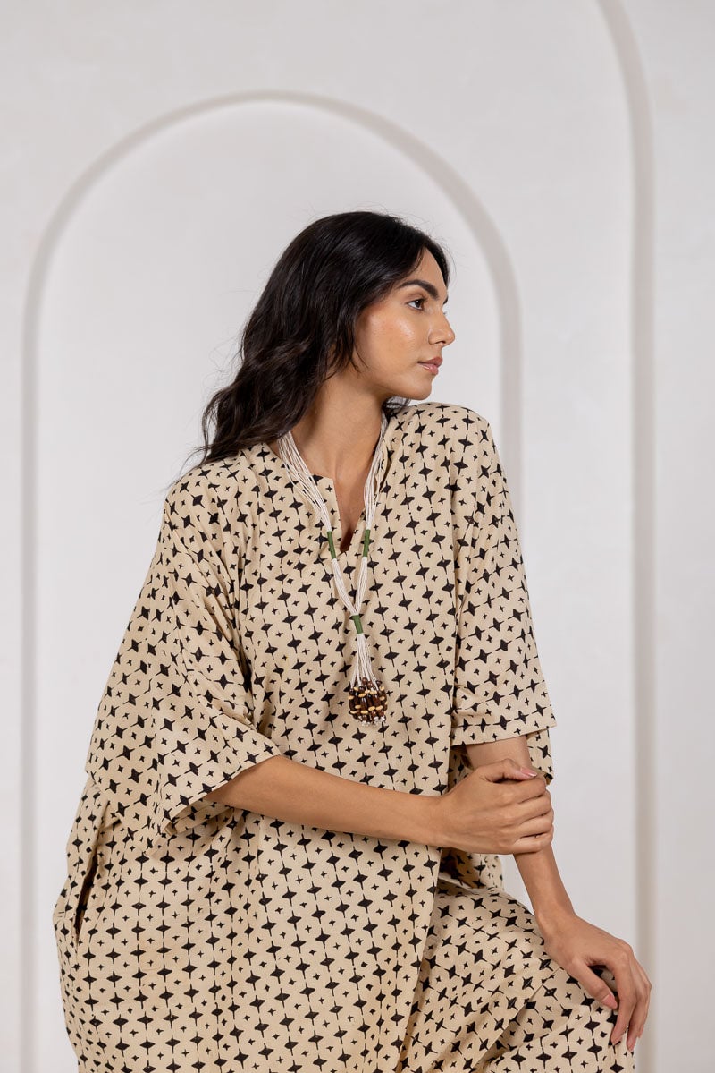 Beige Block Print Kaftan Top and Pants Co-ord Set