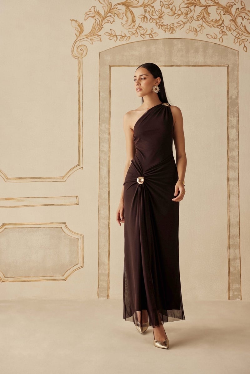 Brown One-Shoulder Ruched Maxi Gown with Thigh Slit