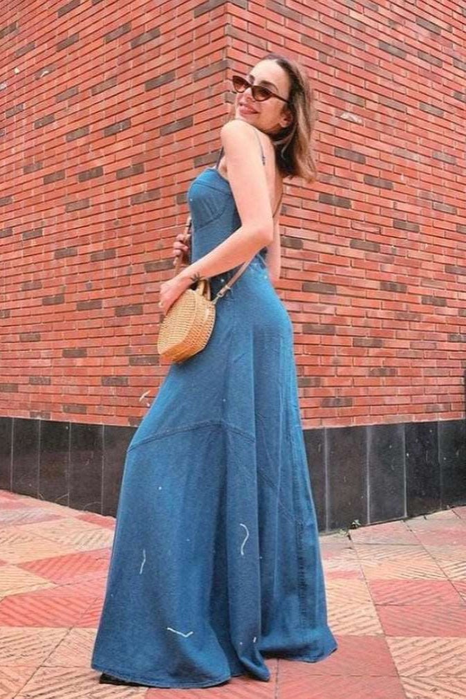 Blue Denim Button-Down A-Line Maxi Dress