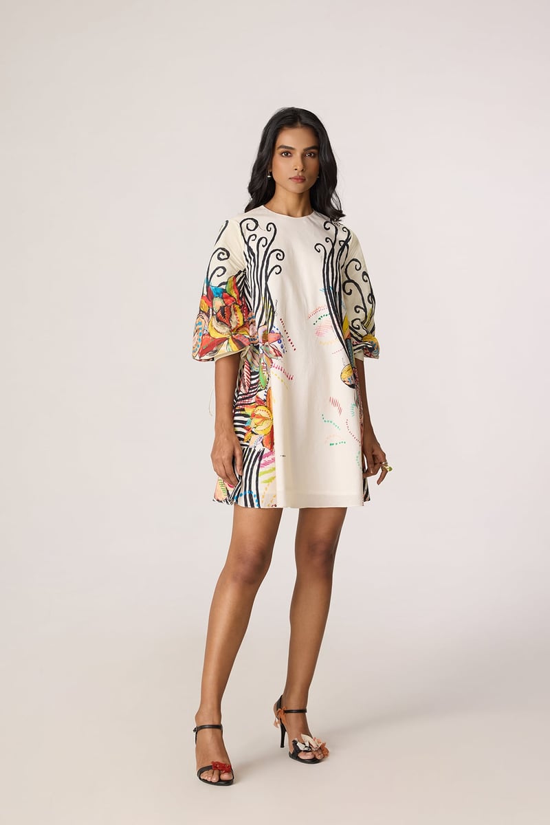 Ivory/Multi Abstract Floral Shift Mini Dress