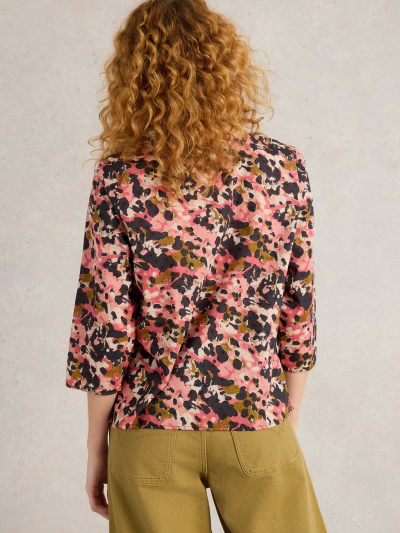Pink Abstract Print V-Neck Button-Through Cotton Top
